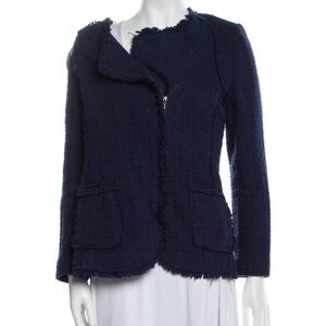 REBECCA TAYLOR WOMENS TWEED FRINGE NAVY BLUE BLAZER JACKET 12